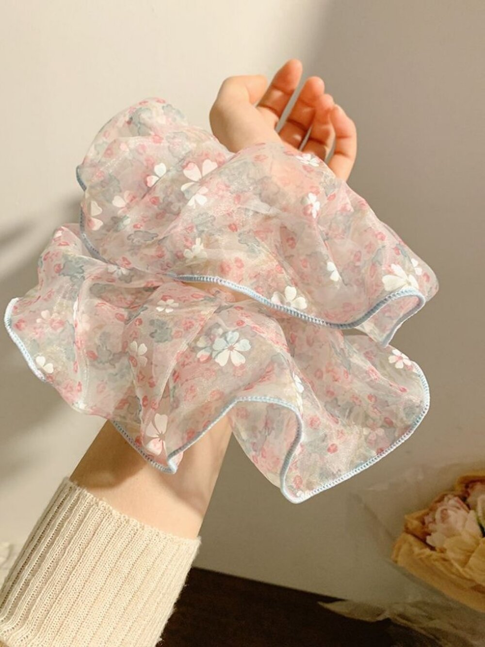 Pink Floral Organza Scrunchie Oversized Cute Hair Tie Y2K